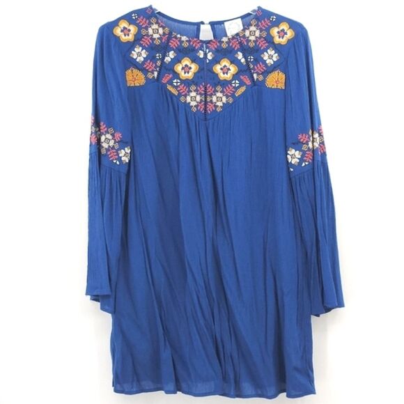 Blue Rain Dresses & Skirts - Blue Rain Bell Sleeve Dress Size Small Blue Floral Embroidery Cottage Peasant